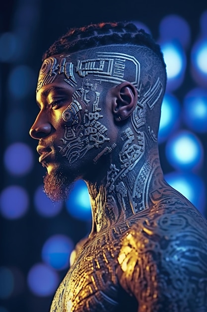 Un gros plan d'une personne avec des tatouages sur le corps Image IA générative Modèle africain avec peinture faciale futuriste