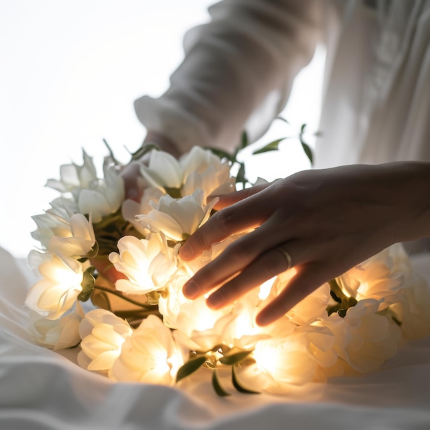 Gros plan d'une personne tenant un bouquet de fleurs