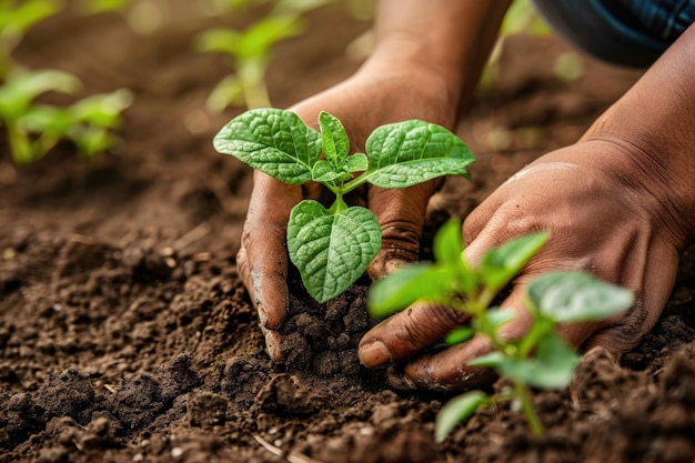 Un gros plan d'une personne tenant une plante dans la terre