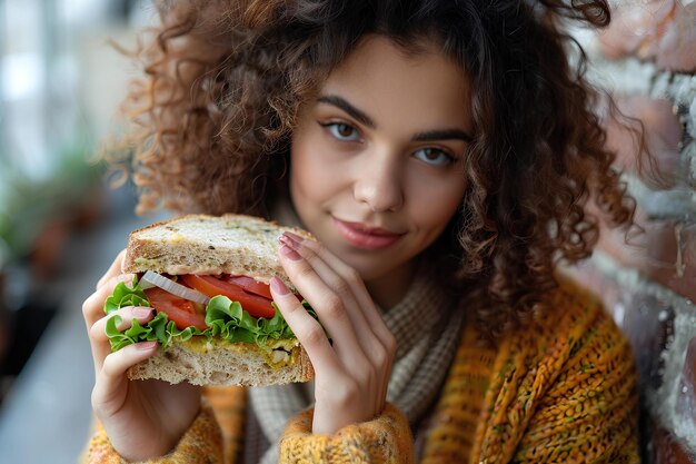 Un gros plan d'une personne tenant un sandwich