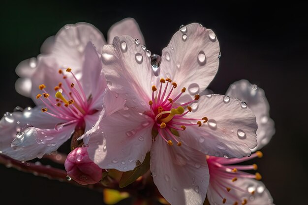 Gros plan de pétales de fleurs de cerisier avec des gouttes de rosée scintillantes à la lumière créées avec une ia générative