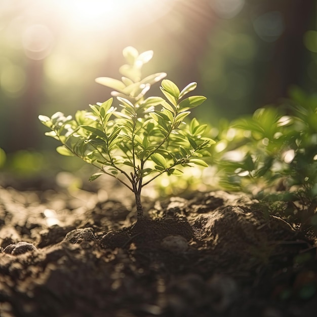 Gros plan d'un petit arbre qui pousse avec le soleil dans le concept écologique de jardin