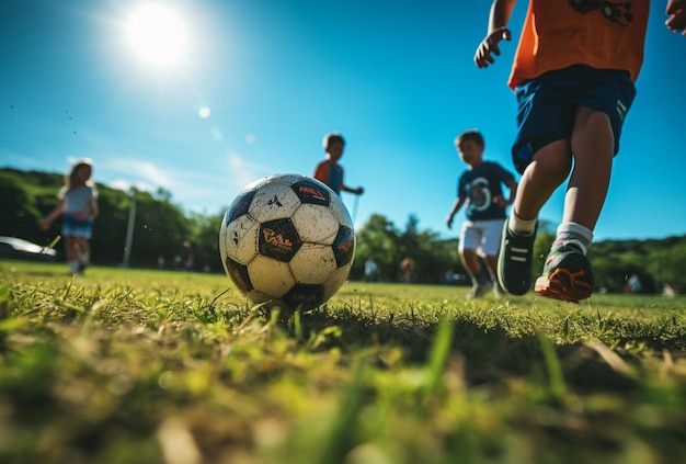 gros plan petit garçon jouant au football sur le terrain