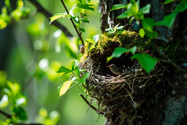 Un gros plan d'un petit oiseau niché sur un arbre vert dans les bois symbolisant l'arrivée de spri