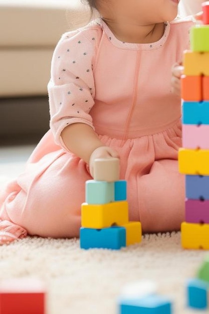 Photo en gros plan, une petite fille asiatique avec sa mère est assise sur le tapis avec un moment de joie en jouant à des piles colorées.