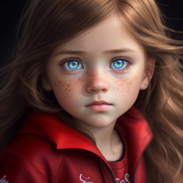 Gros plan d'une petite fille aux yeux bleus et aux vêtements rouges