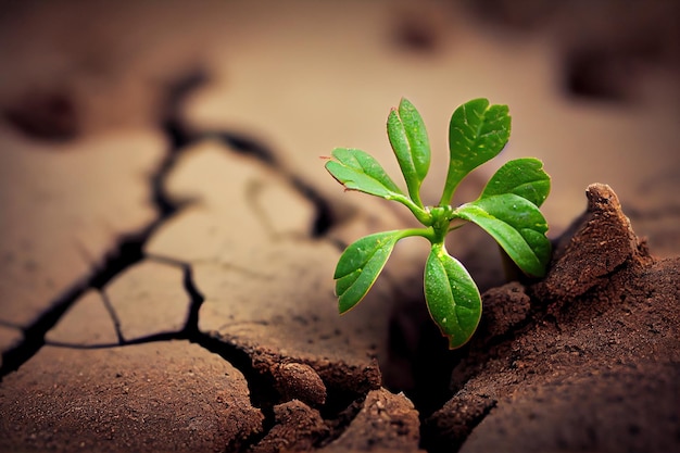 Gros plan d'une petite plante verte qui pousse à travers un sol fissuré