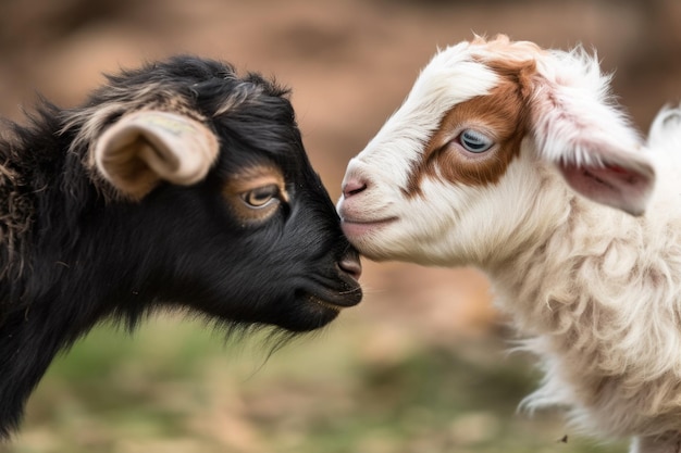 Gros plan de petites têtes de chèvres jouant contre une autre chèvre créée avec une IA générative