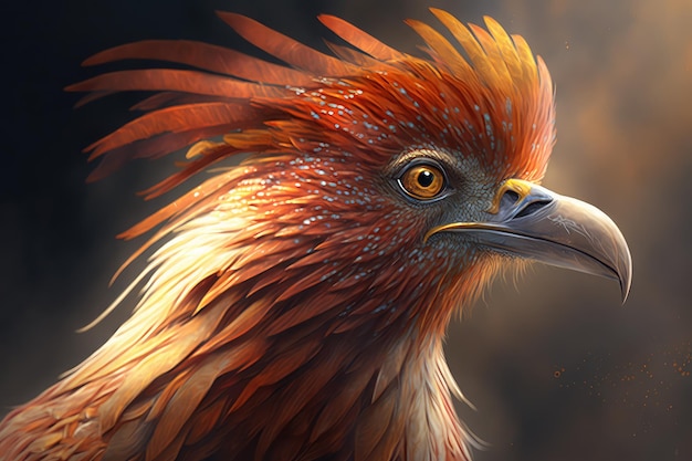 Gros plan de Phoenix firebird avec ses plumes et son bec bien en vue