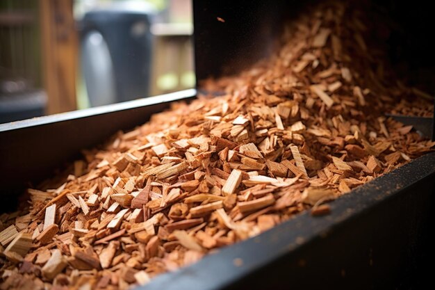 Gros plan photo de copeaux de bois fumés dans un fumeur de barbecue