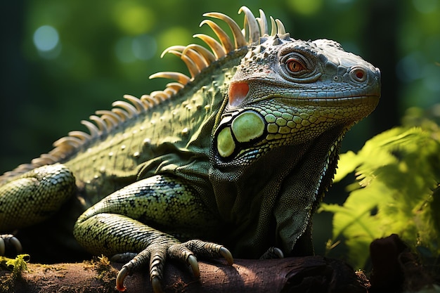 Gros plan photo d'iguane vert gros plan tête sur bois en forêt