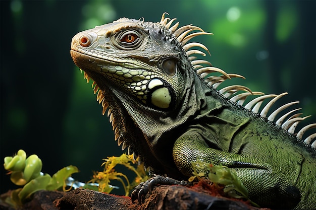 Gros plan photo d'iguane vert gros plan tête sur bois en forêt