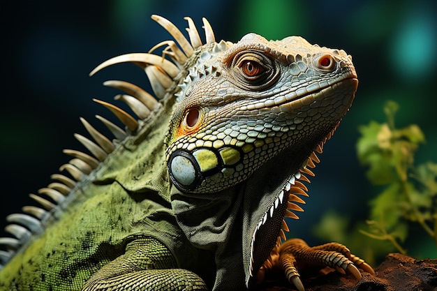 Gros plan photo d'iguane vert gros plan tête sur bois en forêt