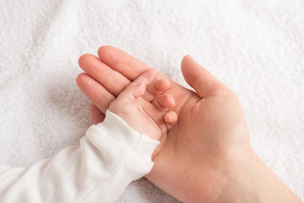 Gros plan photo de la main du nouveau-né et de la mère tenant un jouet de dentition transparent mouton sur fond textile blanc isolé