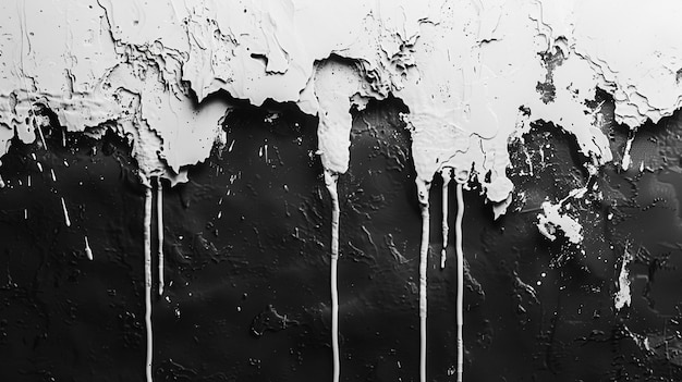 un gros plan d'une photo en noir et blanc d'un mur avec de la peinture qui coule vers le bas