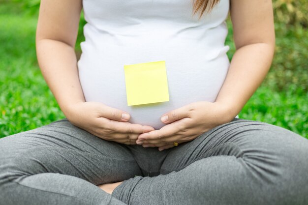 Gros plan, photo, pense-bête, ventre, jeune, femme enceinte