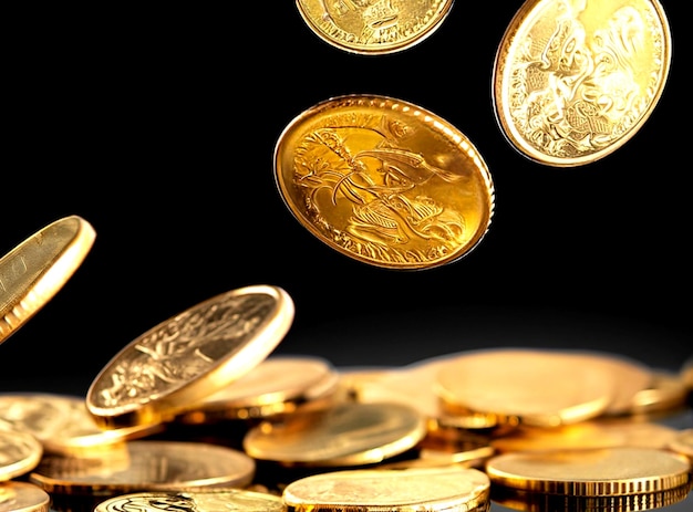 Gros plan photo de pièces de monnaie usd doré tombant sur fond noir