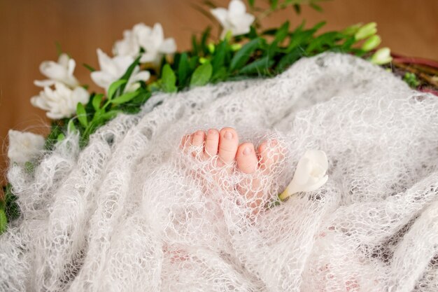 Gros plan photo de pieds de bébé nouveau-né sur des fleurs et des carreaux tricotés