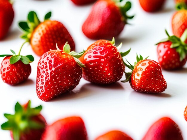 Gros plan photo shot de fraises mûres fraîches isolé sur une surface blanche
