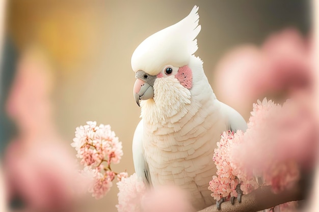 Gros plan photographie cacatoès rose et blanc sakura fleurs blanches lumière douce fond beige flou photographie animalière AIGenerated