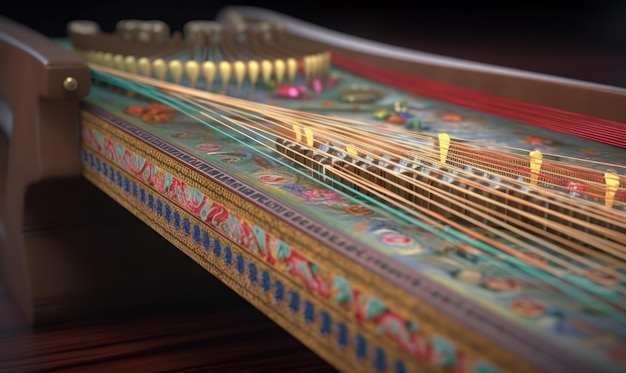 Un gros plan d'un piano avec les cordes traversant les cordes.