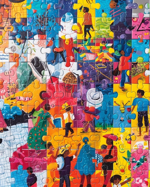 un gros plan d'une pièce de puzzle avec un groupe de personnes dessus