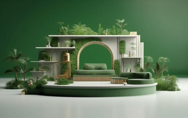 Un gros plan d'une pièce verte avec un canapé et une étagère