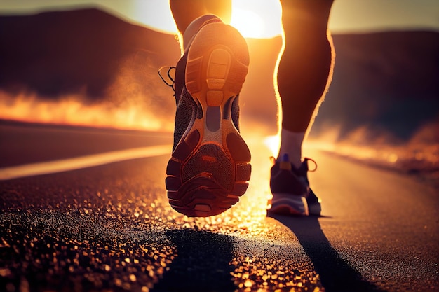 Un gros plan des pieds d'un athlète de coureurs en action sous le soleil du matin sur la route AI générative