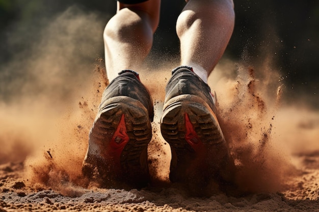 Gros plan des pieds d'athlète en cours d'exécution sur le sable pendant la course à pied Vue arrière gros plan chaussure de sport d'un coureur courant sur un sentier avec de la poussière générée par l'IA