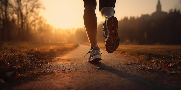 Gros plan Pieds de coureur d'athlète courant sur la route Courir pour une vie saine Fond AI générative