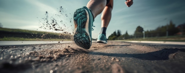 Gros plan Pieds de coureur d'athlète courant sur la route Courir pour une vie saine Fond AI générative