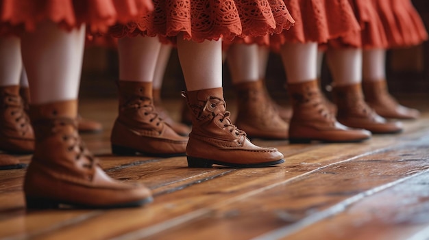 Gros plan sur des pieds de danseurs irlandais en chaussures traditionnelles tapotant contre une scène en bois générée par AI