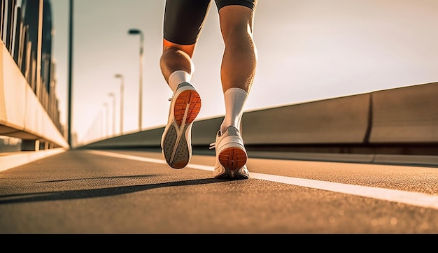 Photo gros plan sur les pieds du coureur en baskets alors qu'il fait du jogging à l'extérieur un mode de vie sain et actif