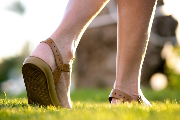 Gros plan des pieds de femme en chaussures de sandales d'été marchant sur la pelouse de printemps recouverte d'herbe verte fraîche.