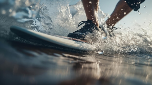 Photo un gros plan des pieds d'un surfeur à bord d'une vague puissante