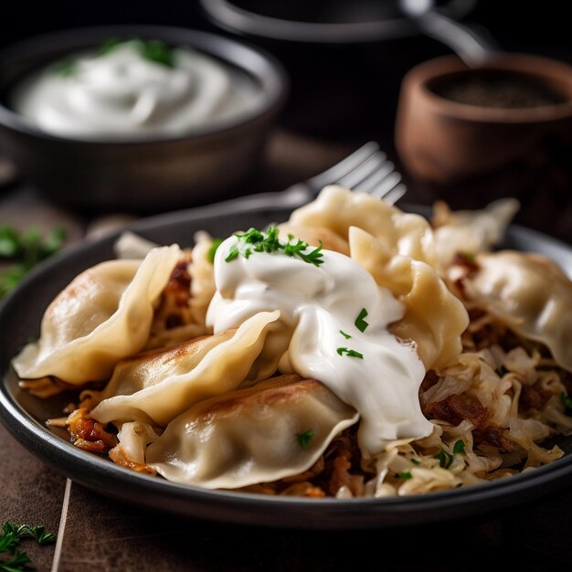 Gros plan de pierogi polonais avec crème sure et oignons frits