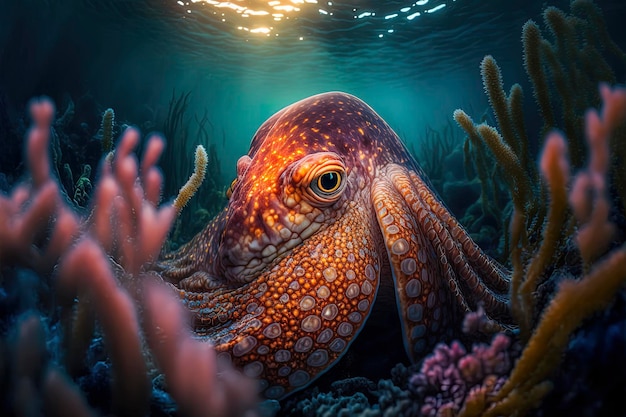 Gros plan sur une pieuvre dans un récif sous-marin généré par l'IA