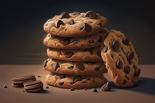 Gros plan d'une pile de biscuits aux pépites de chocolat sur une table grise délicieux petit-déjeuner Les biscuits aux pépites de chocolat traditionnels sont empilés Generative AI