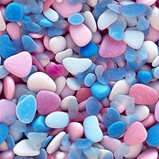 un gros plan d'une pile de coeurs de bonbons avec une IA générative de coeur rose et bleu