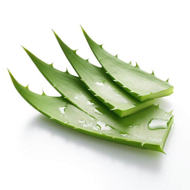 un gros plan d'une pile de feuilles d'aloe vera avec des gouttes d'eau générative ai