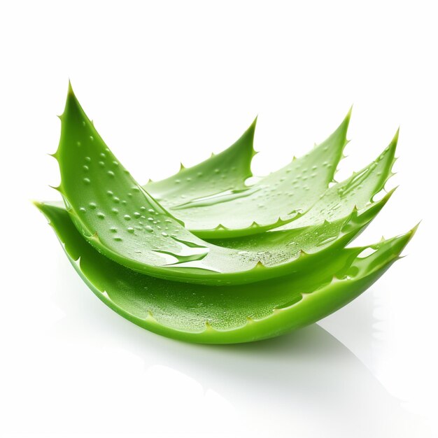 un gros plan d'une pile de feuilles d'aloe vera sur une surface blanche générative ai