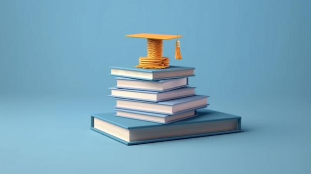 Photo un gros plan d'une pile de livres avec un chapeau de graduation sur le dessus de l'ia générative