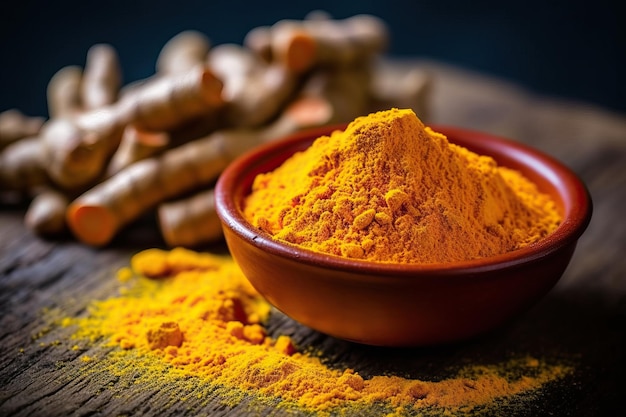 Gros plan sur une pilule supplémentaire de curcumine ou de curcuma avec un tas d'épices sous forme de poudre sèche