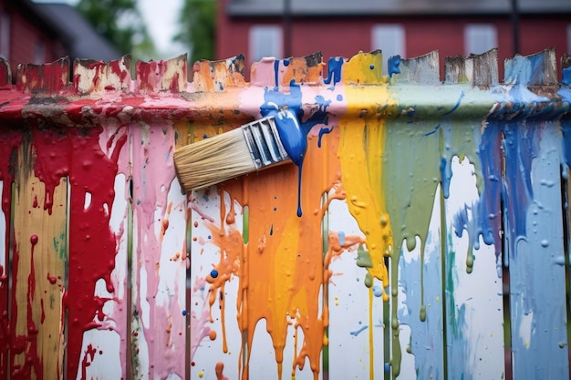 Gros plan d'un pinceau avec des gouttes de peinture sur la clôture