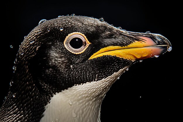 un gros plan d'un pingouin avec un bec jaune et un fond noir