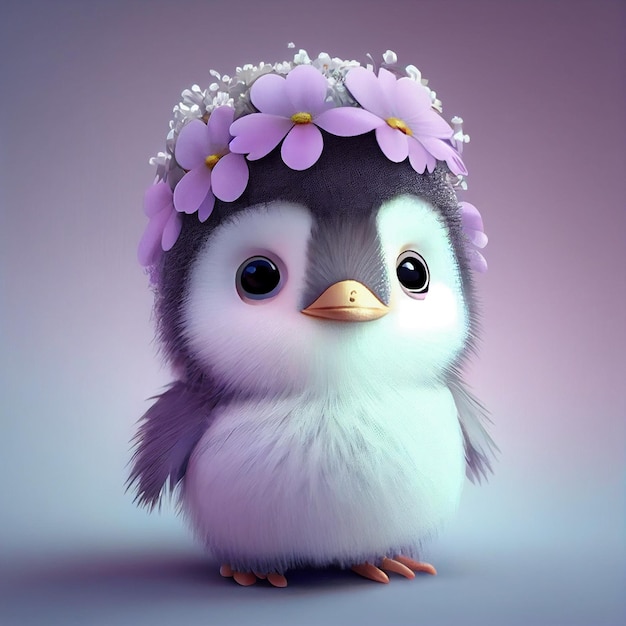 Gros plan de pingouin avec une couronne de fleurs sur sa tête ai générative