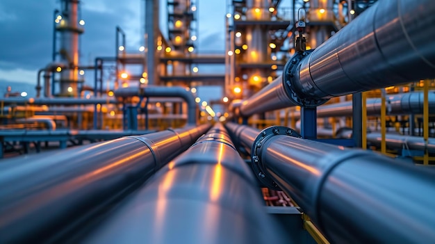 Gros plan d'un pipeline et d'un support de tuyaux dans une usine de production de produits chimiques à base d'ammoniac, d'hydrogène ou d'huile. AI générative
