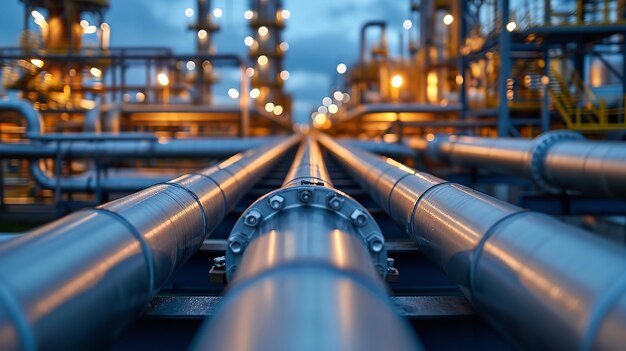 Gros plan d'un pipeline et d'un support de tuyaux dans une usine de production de produits chimiques à base d'ammoniac, d'hydrogène ou d'huile. AI générative