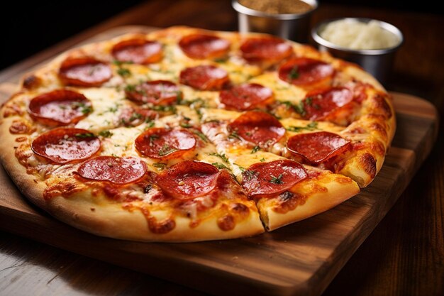 Un gros plan d'une pizza au pepperoni avec un look classique