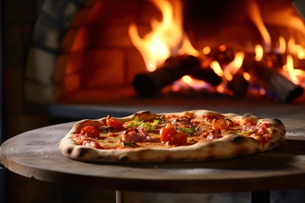 Gros plan de pizza fraîchement cuite au four à bois traditionnel arrière-plan IA générative